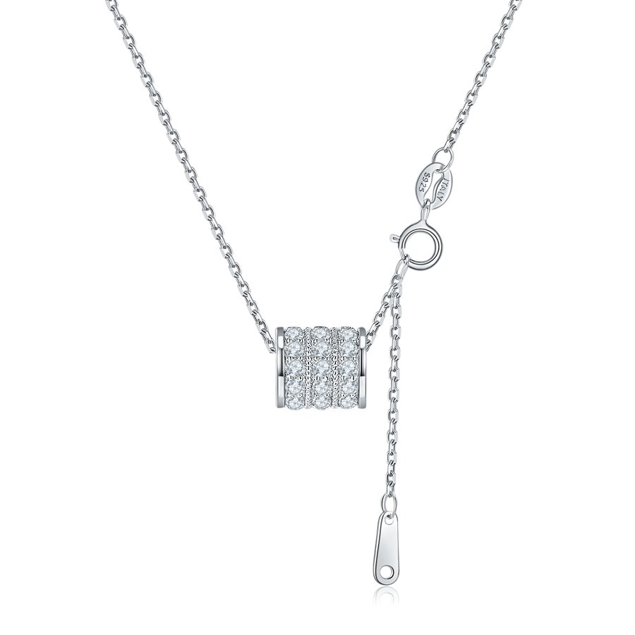 S925 Sterling Silver Barrel Pendant Necklace, 36 D-VVS1 Moissanite Pave, Platinum Plated 3.2g With GRA Certificate Gift Box