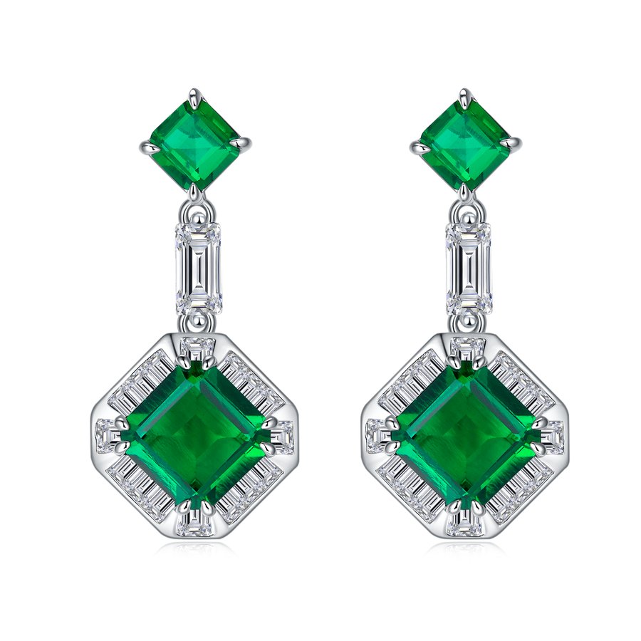 S925 Silver 5.3g Lab-Created Emerald Drop Earrings, 5.13ct Geometric Pair