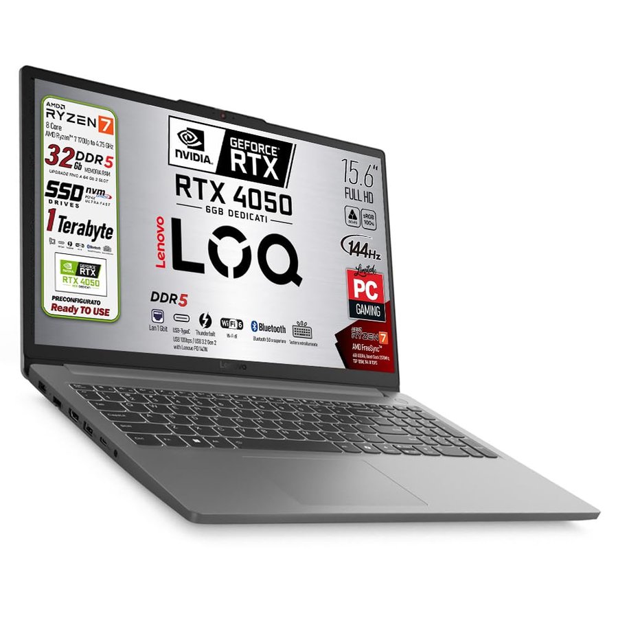 Lenovo Notebook Gaming AMD Ryzen 7 170, DDR5 32Gb, Geforce RTX 4050 6Gb