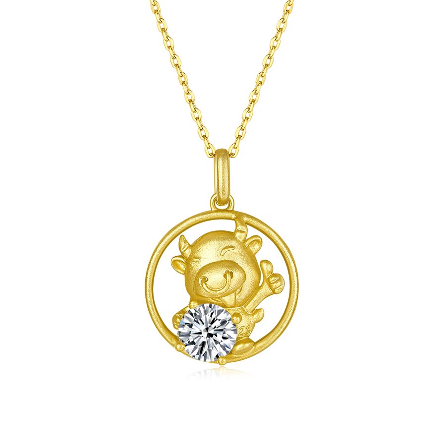 S925 Sterling Silver Gold Plated 1ct D Color VVS1 Moissanite Ox Necklace 4.8g Chinese Zodiac Benmingnian Gift GRA Certified Gift Box