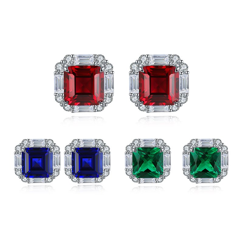 S925 Silver 5g Lab-Created Ruby Sapphire Emerald Studs, 8x8mm Octagon Cut, GRA Certified