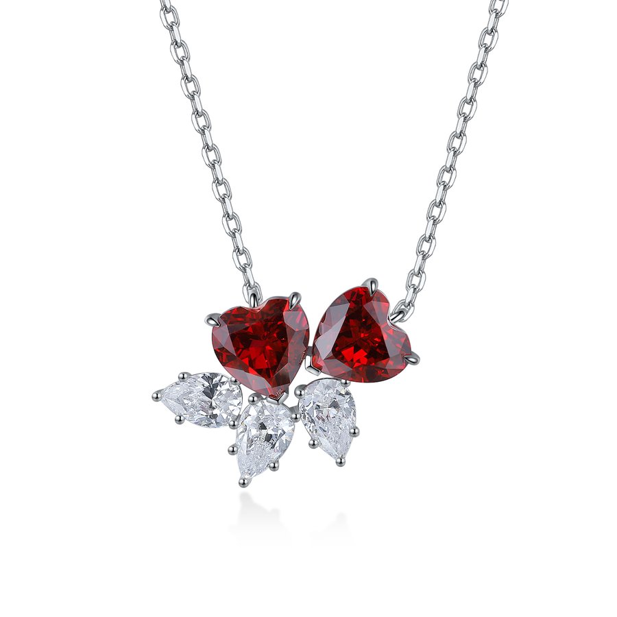 S925 Silver 4.1g Double Heart Lab-Created Gemstone Necklace, 7mm Pendant, 4 Colors, 40&5cm