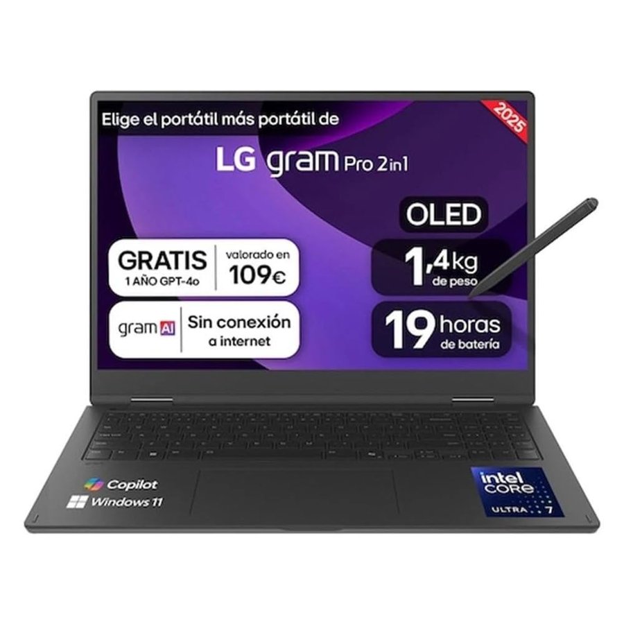 LG gram 16T90TP-K.AD88B Notebook Convertibile da 16", Intel Core Ultra7 255H, 32GB RAM, 1TB SSD, Pannello OLED Multitouch, WQXGA+, 1399g, 19h, Windows 11 Home, Tastiera QWERTY