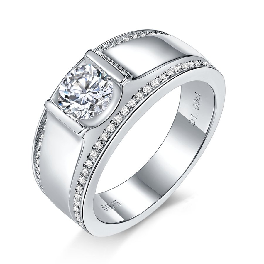 S925 Sterling Silver Wide Band Moissanite Ring, 1&2ct D-VVS1 Bezel Set With Pave Edges, US Sizes 5-9, GRA Certificate Gift Box