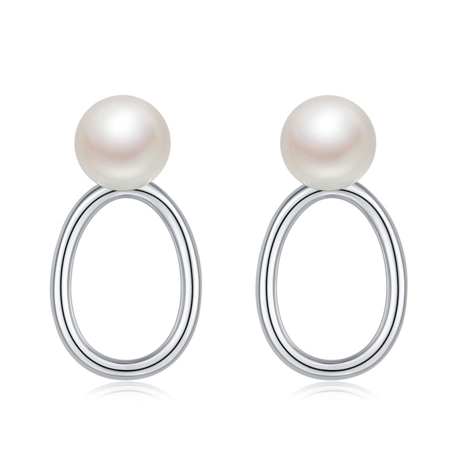 S925 Sterling Silver Natural Freshwater Pearl Earrings Minimalist Hollow Oval Ring Design Platinum Plated 1.6g Gift Box