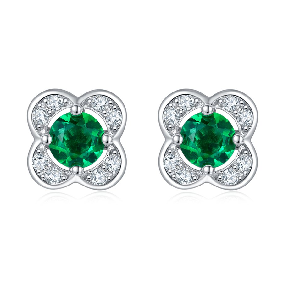 S925 Silver 1.5g 0.45ct Lab-Created Emerald Clover Earrings, 4mm Studs, Pair