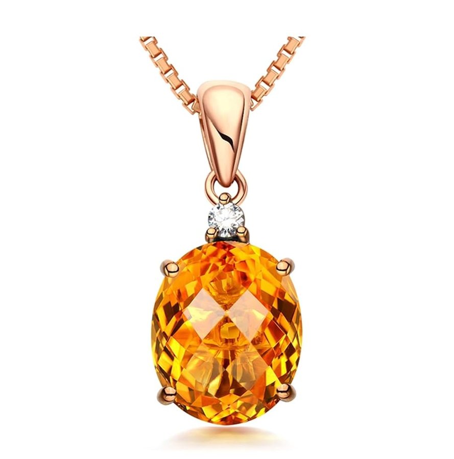 Collana da donna in oro rosa 750, stile vintage classico delicato con legno citrino taglio ovale giallo, diamanti da donna con certificati, 45 + 5 cm