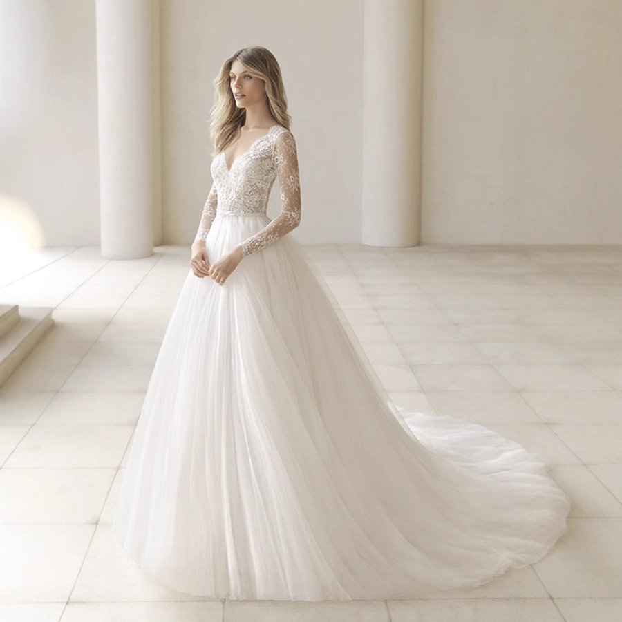 Elegant Lace Long Sleeve V-Neck Wedding Dress Bridal Gown With Delicate Detailing For Ceremony