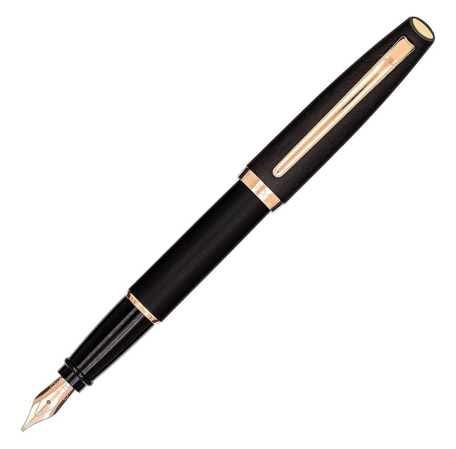 Aurora Style Resin Matt | Penna stilografica in resina nera opaca con raccordi in oro rosa, pennino in acciaio cromato di spessore M, confezione regalo