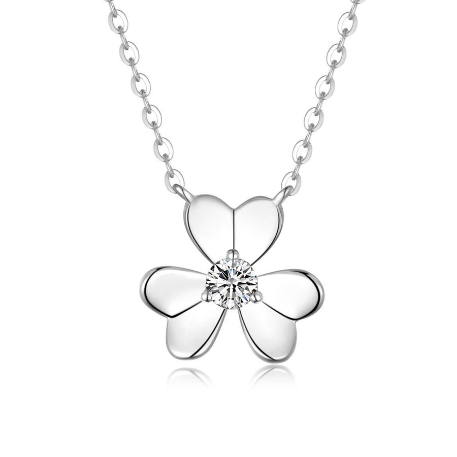 S925 Silver 2.3g Platinum Plated Moissanite Necklace, 3.25mm D VVS1 0.15CT Clover Pendant, GRA Certified 45cm Chain