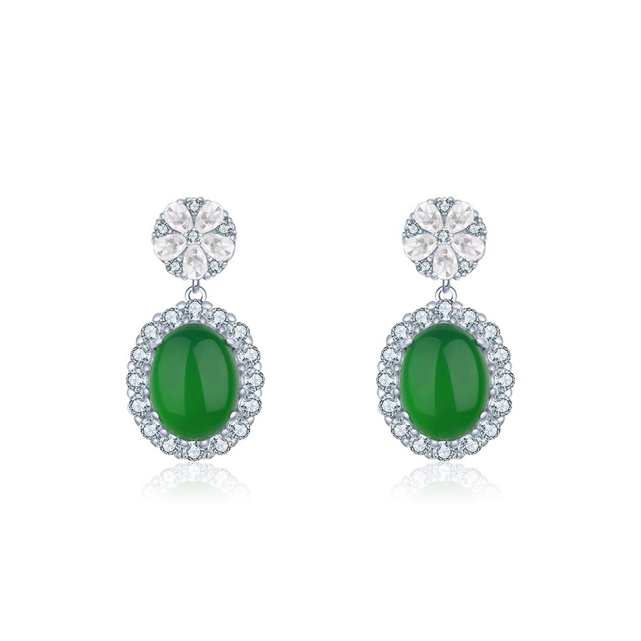 S925 Sterling Silver Dangle Earrings, 8x10mm Oval Green Chrysoprase, Platinum Plated Halo Drop Earrings For Women, Elegant Jewelry Gift Box Set