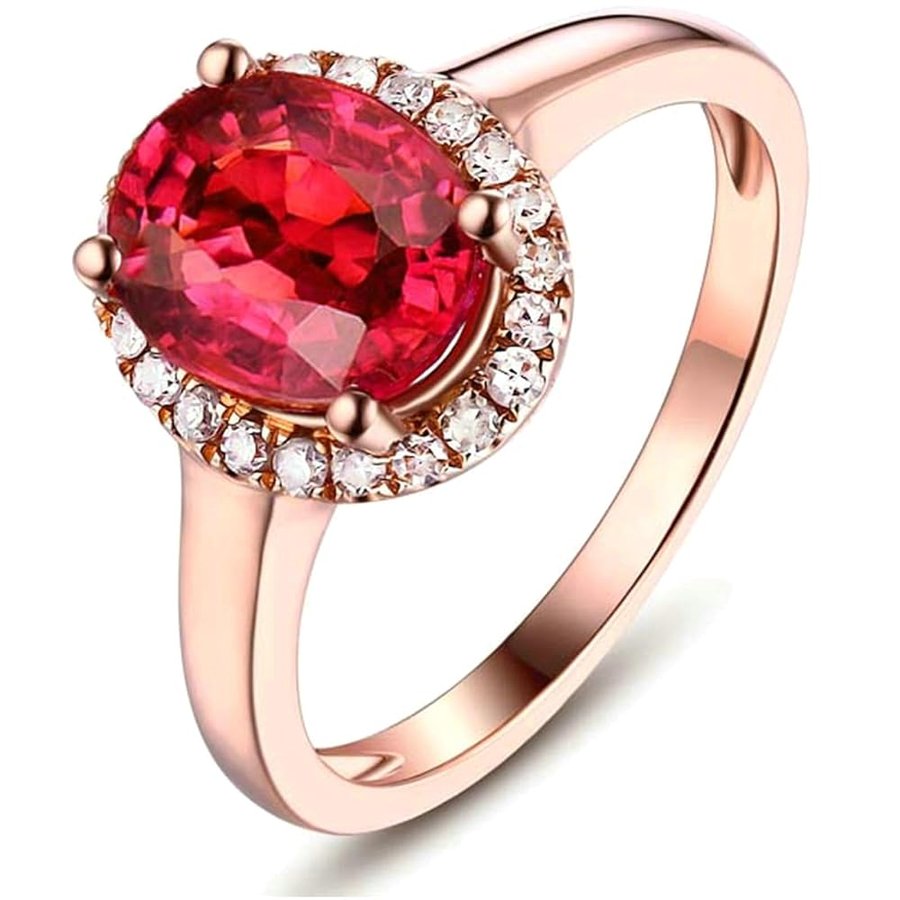 Anelli Donna Oro Rosa 14K, Anello Nuziale Donna Halo Classico Rubino Rosso Sintetico Ovale da 1.5-3ct e Moissanite Anelli per Fidanzata, Sposa Oro Rosa