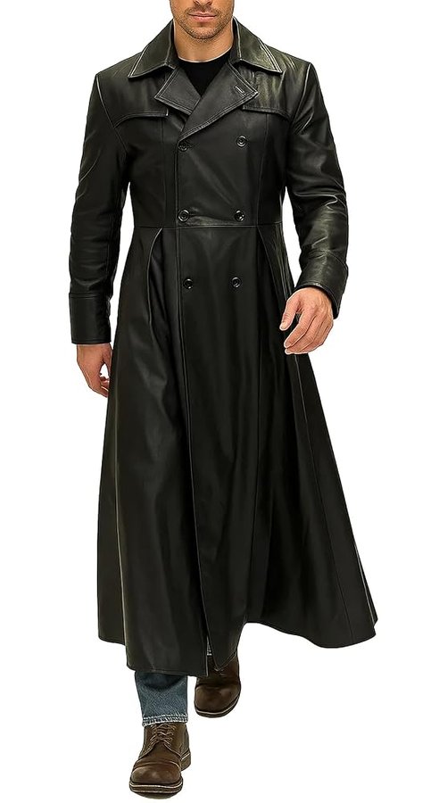 Trench lungo da uomo – Premium 100% vera pelle cappotto doppiopetto, Nero - Cappotto Doppiopetto, Medium