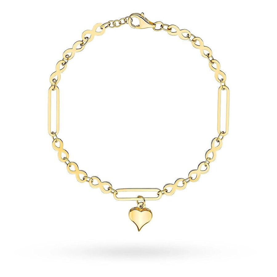 Bracciale da donna in oro giallo 585 (14 carati), simbolo dell'infinito, maglie larghe e cuore, 19 cm