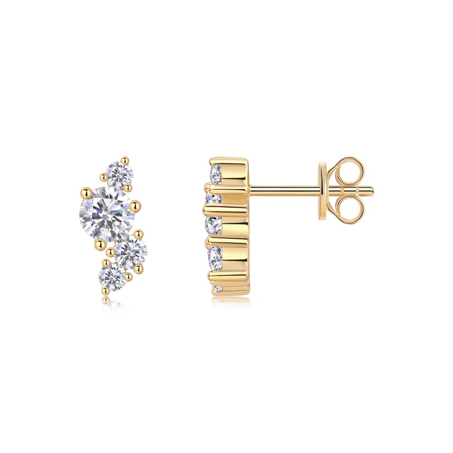 S925 Sterling Silver Asymmetrical Cluster Stud Earrings, D-VVS1 Moissanite, Platinum Plated 2.3g Women's Jewelry Gift Box