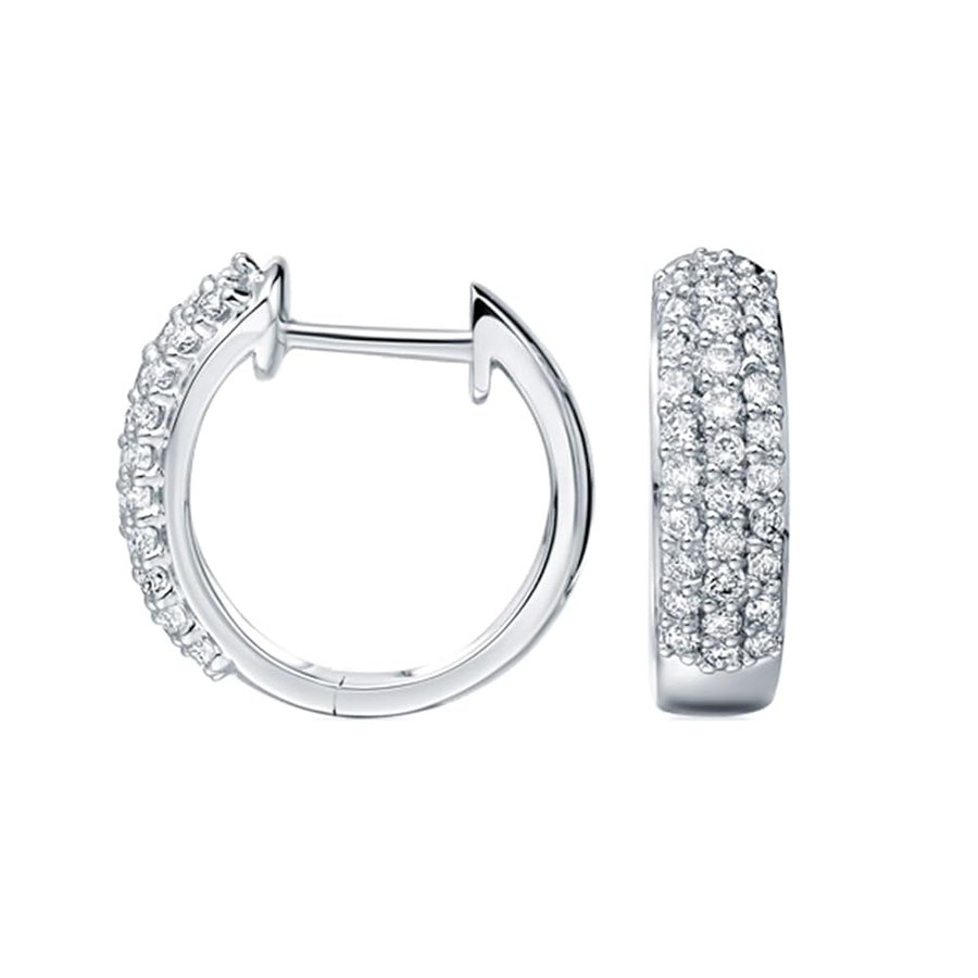 Orecchini a cerchio da donna, 3 file di lusso con taglio rotondo, realizzati con diamanti e oro bianco