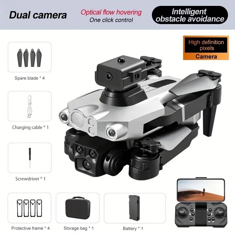 Silver dual-camera drone, equipped with optical flow hovering and intelligent obstacle avoidance functions, supports one-click operation. It offers stable and safe high-definition aerial photography