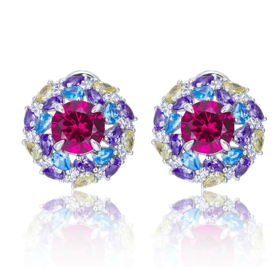S925 Silver 6.5g 2ct Lab-Created Ruby Earrings, Multicolor Cluster, Pair