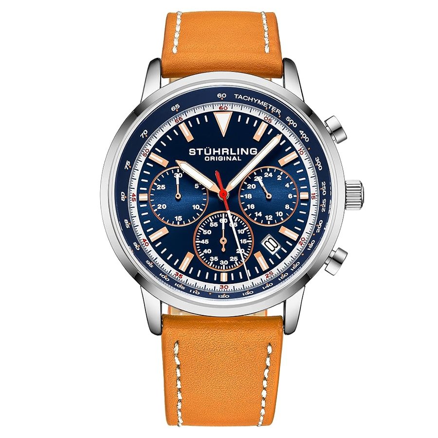 Stuhrling Originale Cronografo Orologi Uomo Cassa In Acciaio 44mm Quadrante Blu Con Cinturino In Pelle Tachimetro Subdial 24 Ore, Blu-marrone chiaro, Cronografo