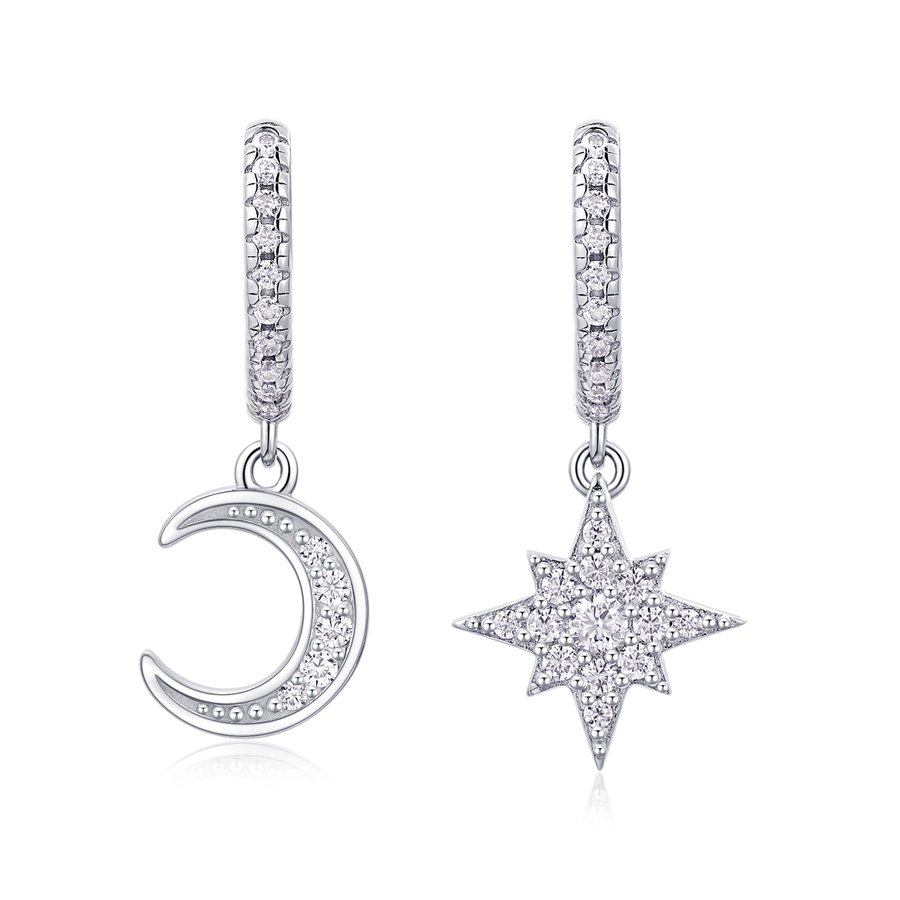 S925 Sterling Silver Star And Moon Huggie Drop Earrings, D-VVS1 Moissanite, Platinum Plated 4.2g Women's Celestial Jewelry Gift Box