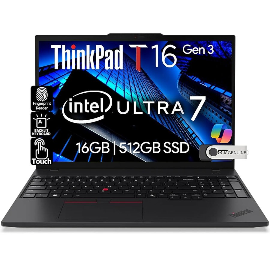 Lenovo ThinkPad T16 Gen 3 Business Laptop 16" FHD+ Display, Intel Ultra 7-155U (Beats i7-1355U), 16GB DDR5 RAM, 512GB SSD, 5MB Webcam, WiFi 6E + BT, RJ-45, HDMI, Win 11 Pro, AI Copilot - Nero