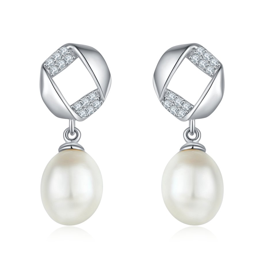 S925 Sterling Silver Natural Freshwater Pearl Dangle Earrings Geometric Pave Drop Pearl Platinum Plated 1.4g Gift Box