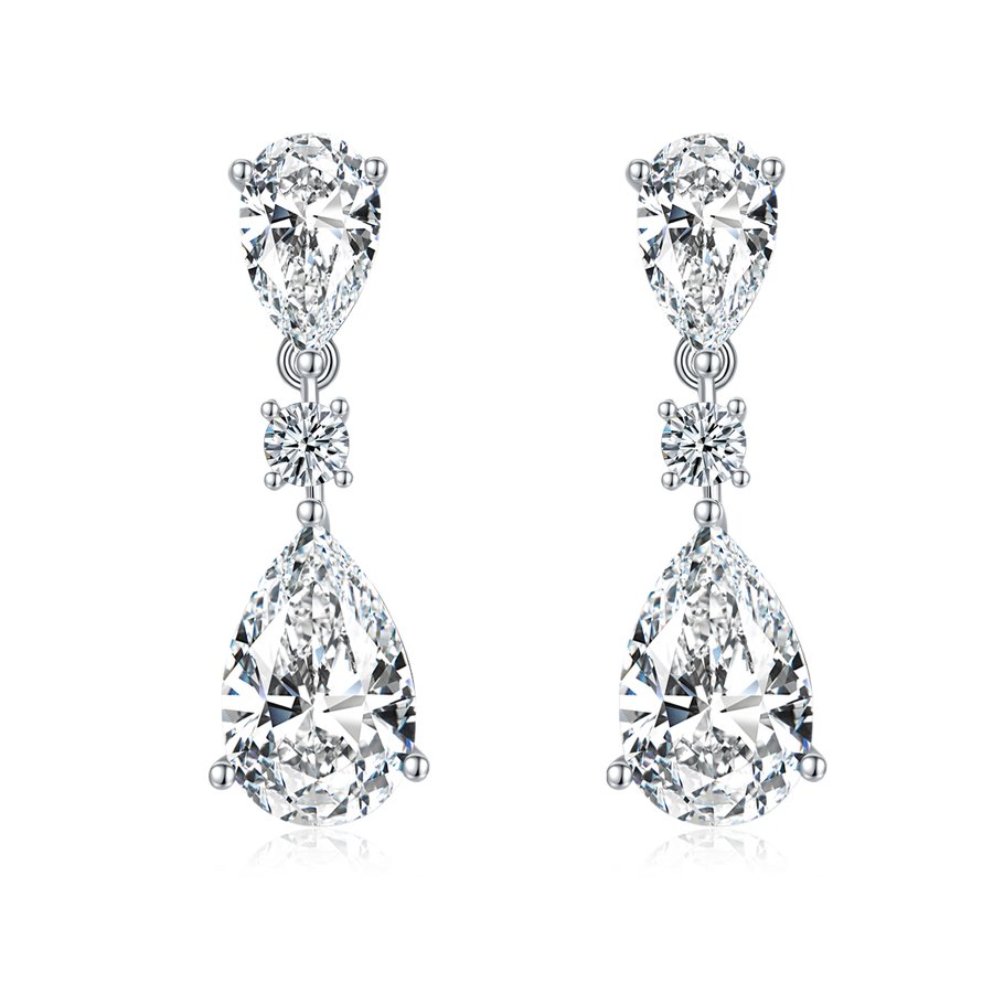 S925 Sterling Silver Pear Moissanite Drop Earrings, 10x7mm D-VVS1 Three-Stone Dangle, Platinum Plated 3.6g Fine Jewelry Gift Box