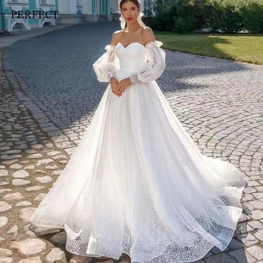 Off-shoulder Lightweight Wedding Dress That Flatters The  With A Trailing Train