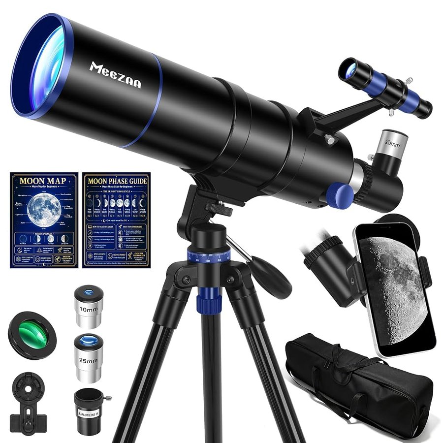 MEEZAA Telescopio Astronomico Professionale per Adulti, Bambini e Principianti, 90 mm Apertura 600 mm Telescopio Rifrattore con Treppiede, Adattatore Smartphone, Filtro Lunare, Borsa e Guida Lunare