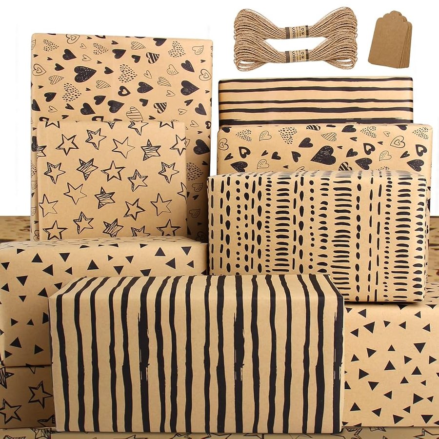 Carta Regalo Kraft Riciclata, Imballaggio per Incartare Pacchi di Compleanno, per Donna Uomo Femmina Bambini