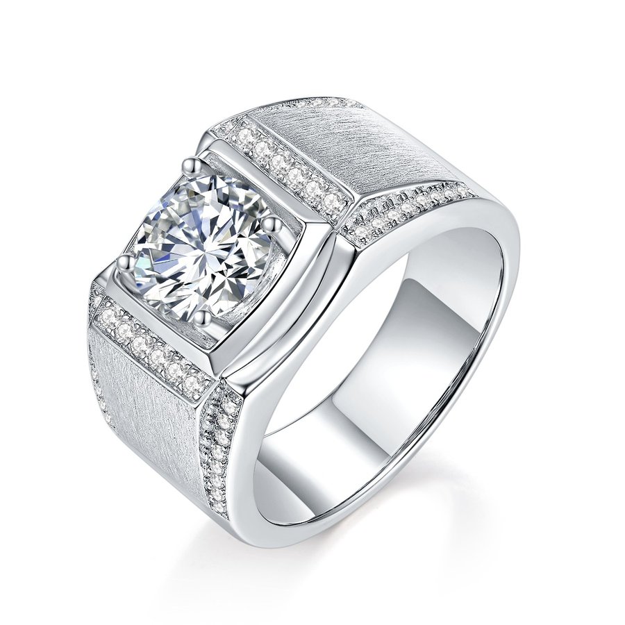 S925 Sterling Silver Men's Wide Band Moissanite Ring, 1&2ct D-VVS1 Brushed Finish With Pave Accents, Platinum Plated US Sizes 5-9, GRA Certificate Gift Box