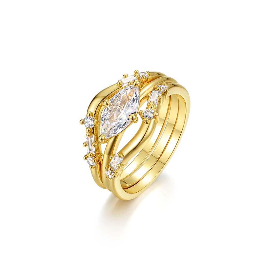 S925 Silver Gold Plated Marquise Moissanite 3-Piece Ring Set 5x10mm D Color VVS1 US Size 6-9 GRA Certified Gift Box
