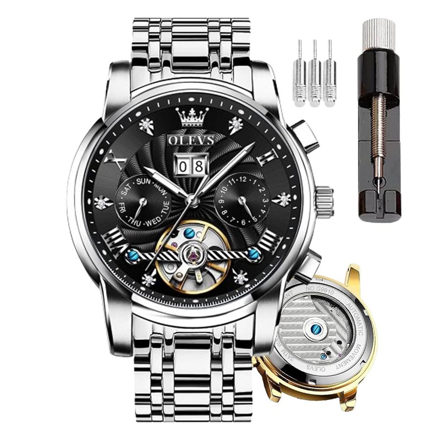 Watches Men Automatic,Self Winding Skeleton for Men Tourbillon No Battery,Luxury Stainless Steel Watch with Date Mechanical Men's Waterproof Two Tone Gifts
