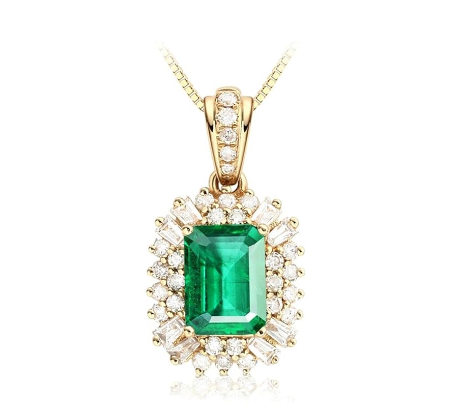 Collana da donna in oro giallo 750 18 carati, con ciondolo a forma di fiore smeraldo taglio smeraldo, Au750, in oro giallo 750, personalizzabile, in vero oro, 50 cm