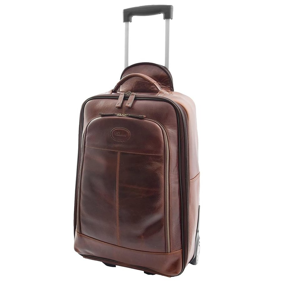 DR544 Valigia da cabina in vera pelle con ruote Trolley marrone, Marrone, S, Valigia trolley con ruote