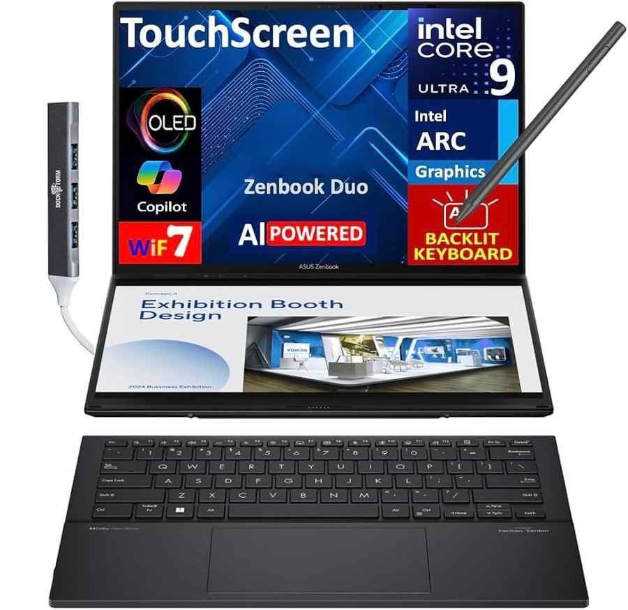 ASUS Zenbook Duo ux8406 Laptop 2 in 1 con schermo OLED 3K 120Hz touch screen (Intel Ultra 9-285H, 32GB LPDDR5X, 4TB PCIe SSD, Active Pen, Tastiera retroilluminata, Win 11 Home) con espansore di porte