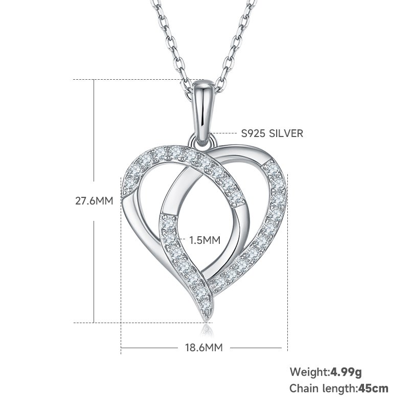 4.9g S925 Sterling Silver Moissanite Heart Necklace 45cm  27 Stone Intertwined Hearts Pendant With GRA Certificate, Platinum Plated Jewelry Gift Box Set For Women