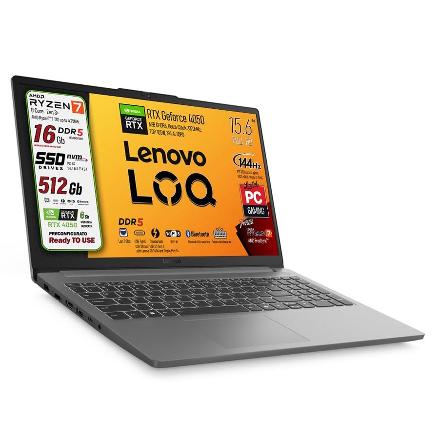 Lenovo Notebook Gaming Ryzen 7 170 GeForce RTX 4050 6GB, Display 15.6 144Hz