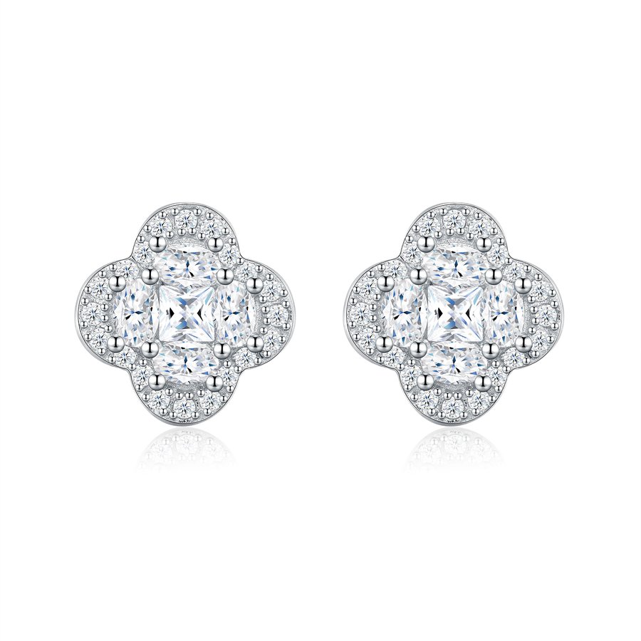 S925 Silver 2.5g Platinum Plated D VVS1 Moissanite Flower Cluster Stud Earrings, Pair, GRA Certified Gift Box