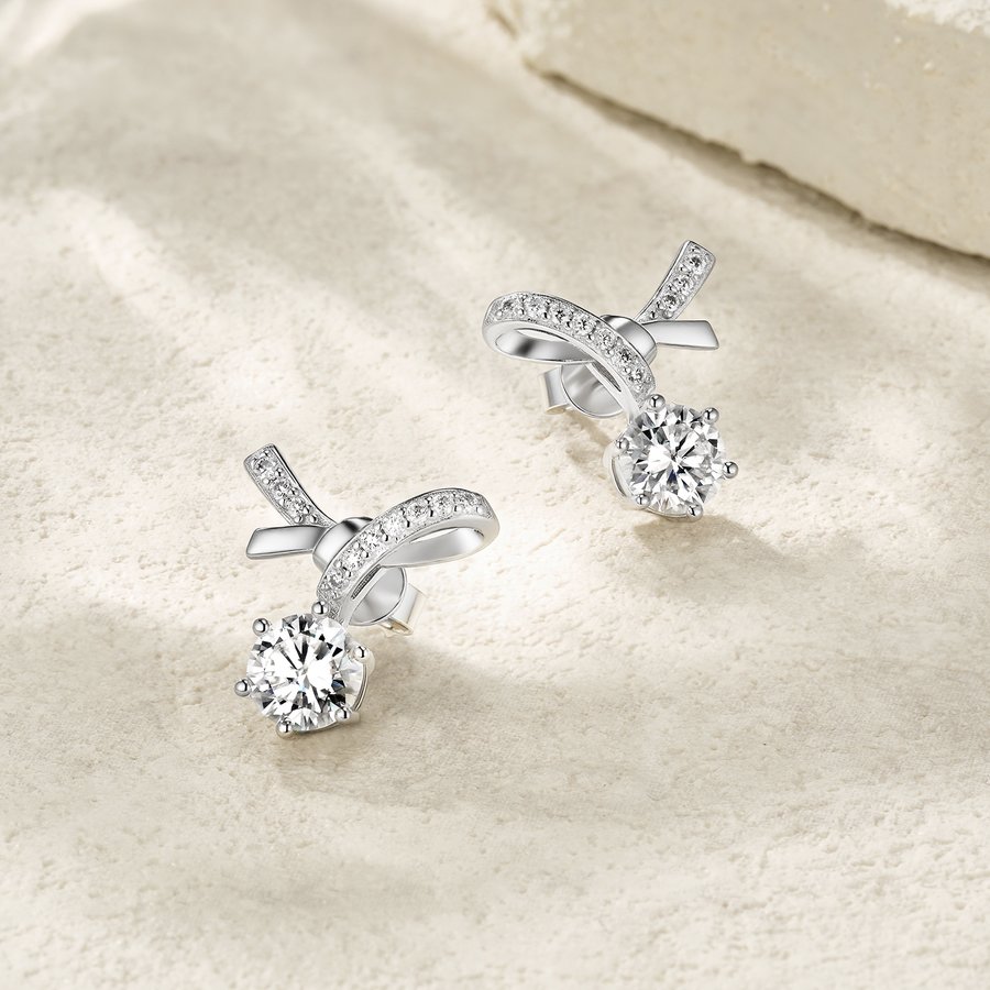 S925 Sterling Silver Bowknot Stud Earrings, 1ct D-VVS1 Moissanite, Pave Ribbon Design, Platinum Plated 3.5g, GRA Certified Jewelry Gift Box