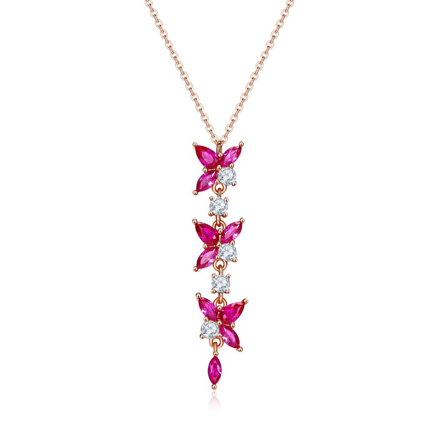 S925 Sterling Silver Y Drop Necklace, 5x3mm Lab-Grown Ruby Flower Dangle, Platinum Plated 3.7g Women's Elegant Jewelry Gift Box