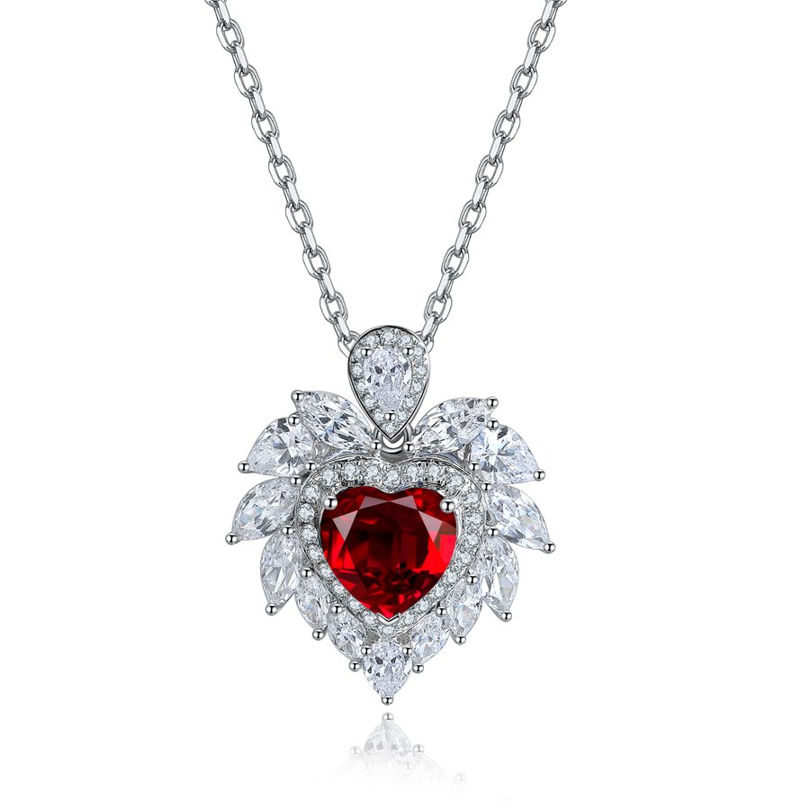 S925 Silver 4.3g Heart Lab-Created Gemstone Necklace, 7mm 5 Colors, 40&5cm