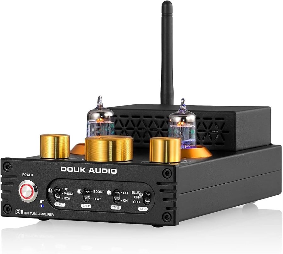 Douk Audio X1 amplificatore a valvole, amplificatore HiFi Bluetooth 5.0, amplificatore audio stereo a valvole GE5654, amplificatore phono MM, 160Wx2 chip TDA7498E, manopola di controllo acuti e bassi