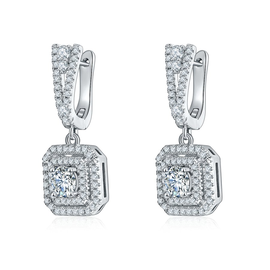 S925 Sterling Silver Double Halo Drop Earrings, 6.5mm D-VVS1 Moissanite, Platinum Plated 6.8g Women's Jewelry Gift Box