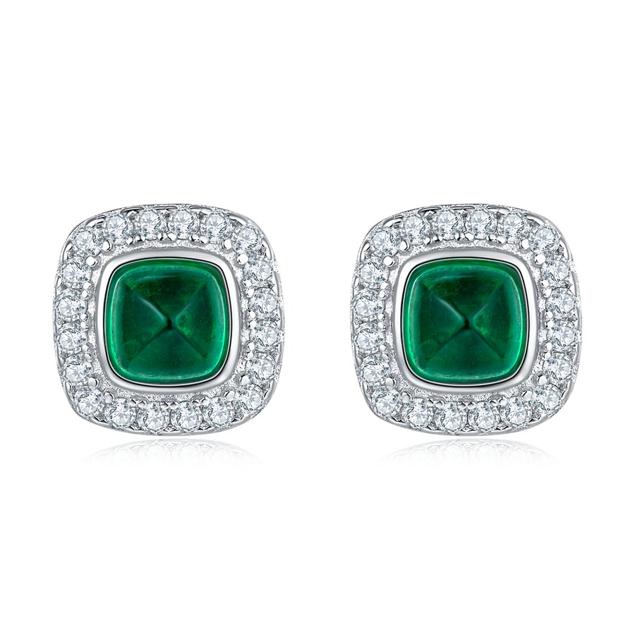 S925 Silver 1.4g Lab-Created Emerald Stud Earrings, 0.79ct 4mm Halo, 1 Pair