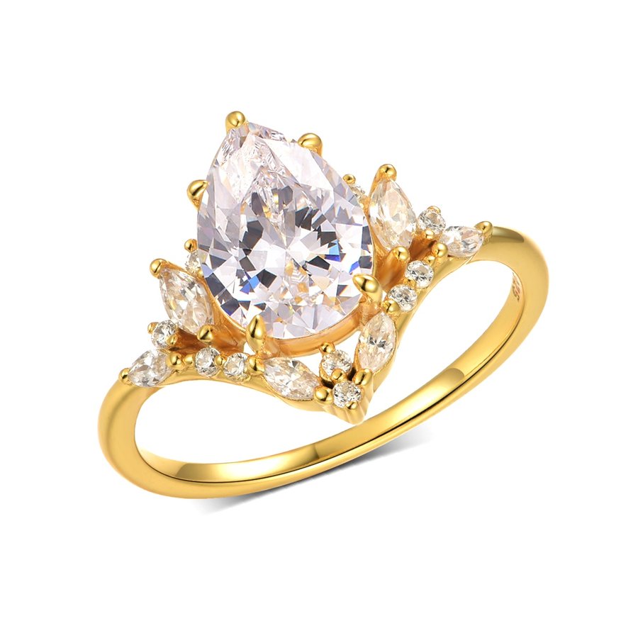 S925 Sterling Silver Gold Plated 7x10mm Pear Moissanite Ring D Color VVS1 Cluster Setting US Size 6-9 GRA Certified Gift Box