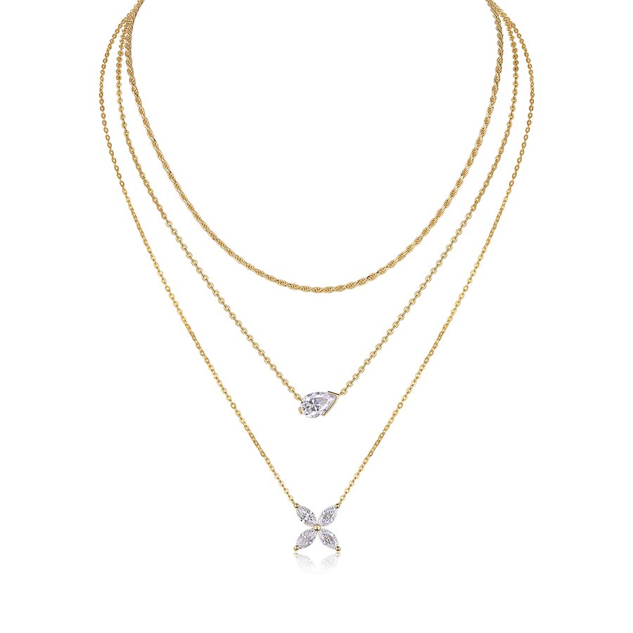 S925 Silver Gold Plated Layered Necklace, 7x11mm Pear D-VVS1 Moissanite, 10.8g Triple Chain Fine Jewelry With GRA Certificate Gift Box