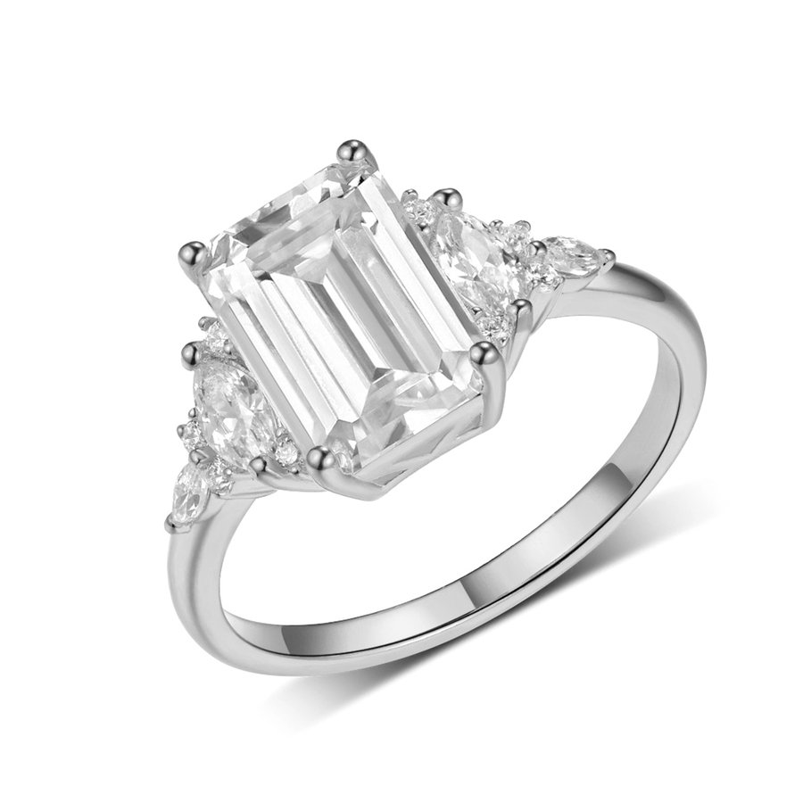 S925 Silver 3.2g Emerald Cut Moissanite Ring, 7x10mm D VVS1 Cluster Setting, GRA Certified US 6-9