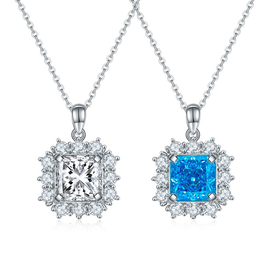 S925 Sterling Silver 4ct Princess Cut Moissanite Necklace 9&9mm D Color VVS1 Halo Setting White Blue Options 42cm GRA Certified Gift Box