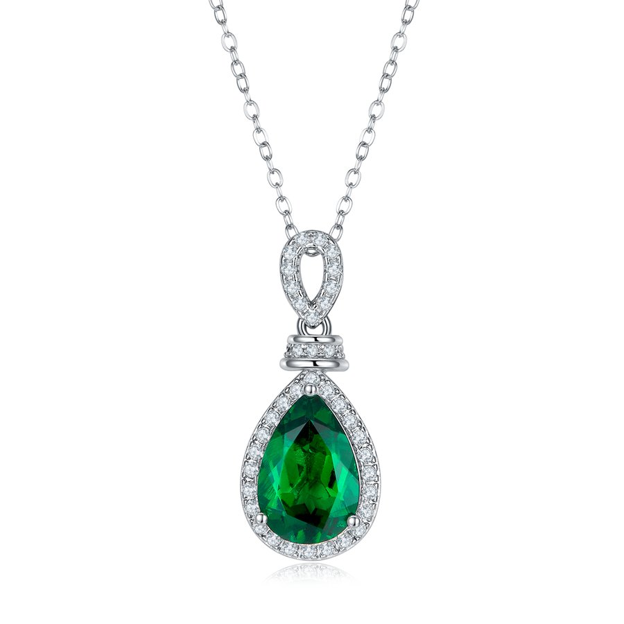 S925 Silver 3.3g Platinum Plated 4ct Lab-Created Emerald Necklace, 12x8mm Halo Pendant, 40&5cm